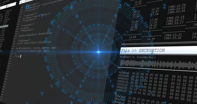 Displaying glowing interface on PC with code panel data grids and encryption progress bar