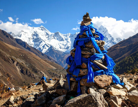 An "ovo" (sacred stone cairn) piled high on a mountain pass, adorned with blue khata scarves, for blessings.