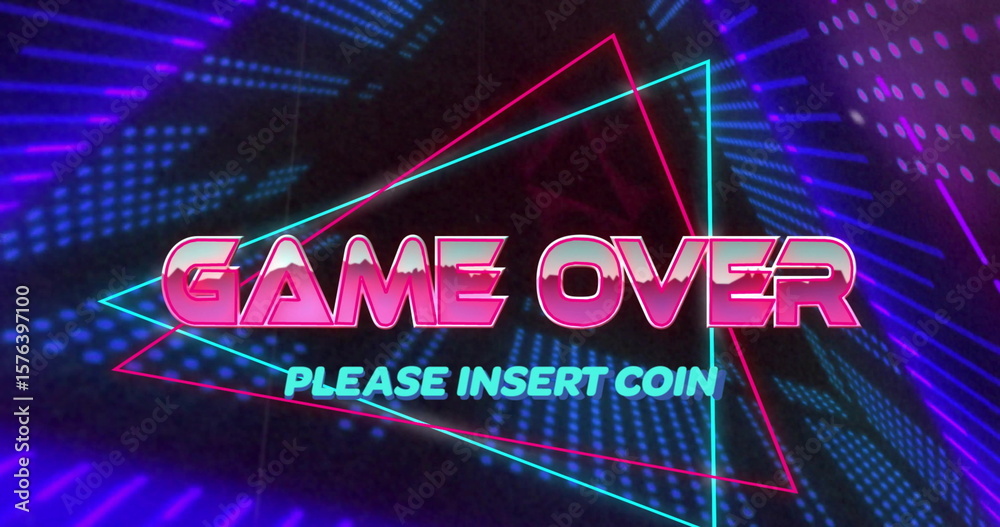 Poster neon arcade screen displaying glowing game over text and triangular outlines in dark gaming setup