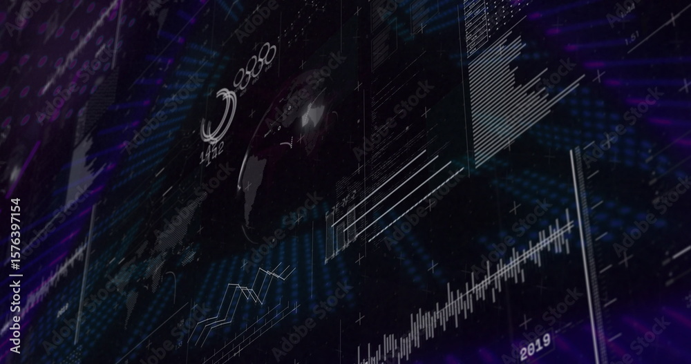 Poster displaying holographic 3d globe floating on dashboard, with numeric overlays line charts bar graphs