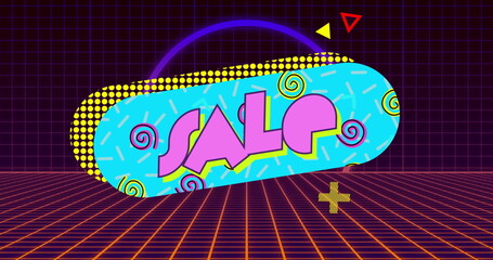 Hovering turquoise pop-art SALE blob in retro futuristic space, with neon grid and shapes