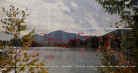 Naklejka premium Displaying lake view reflecting mountains at lakeshore, with data overlay, red blocks and branches