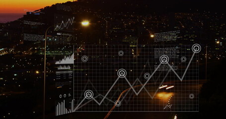 Overlaying semi-transparent dashboard interface over nighttime city, with glowing data charts