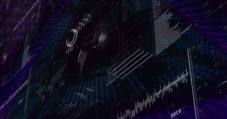 Displaying holographic 3D globe floating on dashboard, with numeric overlays line charts bar graphs