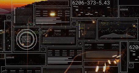 Displaying translucent dashboard panels showing line graphs and waveforms over night city lights