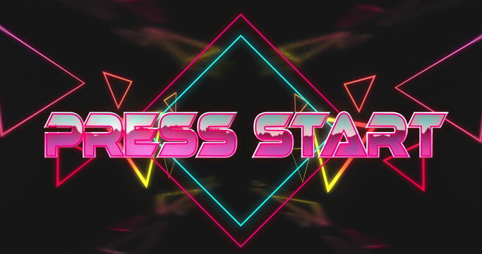 Neon-gradient PRESS START text glowing on arcade interface, with diamond frame, neon triangles