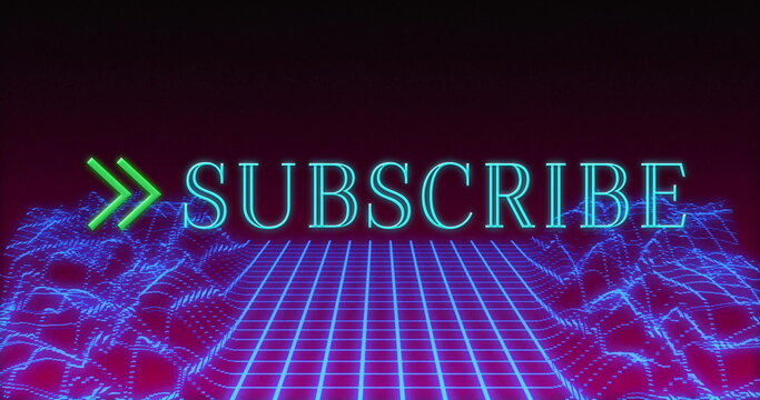 Neon cyan SUBSCRIBE text hovering in blue wireframe grid, with green chevrons, magenta waves, stars