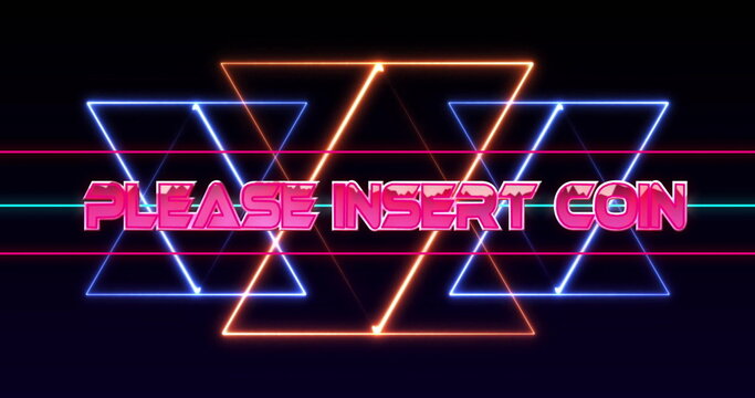 Displaying neon shapes and text on arcade screen, with glowing pink insert coin prompt