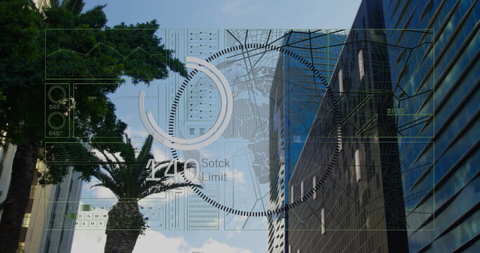 Displaying digital HUD hovering above city street, between palm tree and glass skyscraper - Powered by Adobe