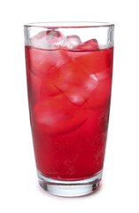 Tasty cherry soda water with ice cubes isolated on white