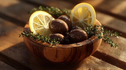 A wooden bowl of Greek olives with lemon slices and sprigs of thyme