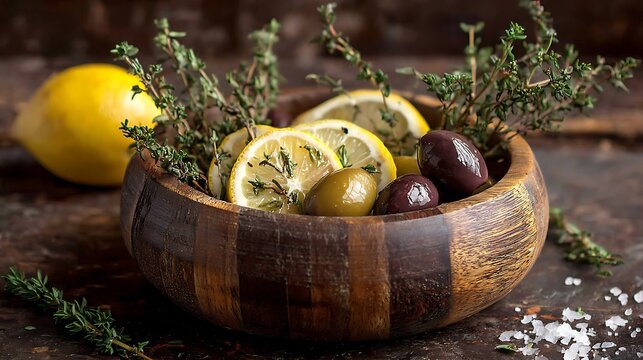 A wooden bowl of Greek olives with lemon slices and sprigs of thyme