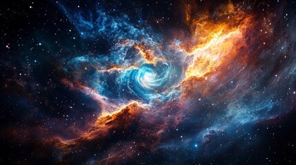 Obraz premium Cosmic nebula swirls in vibrant blue, orange, and dark hues amidst a starry backdrop.