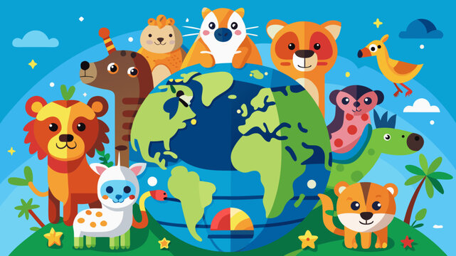World Animals Cartoon Illustration – Colorful Globe with Cute Wildlife for World Animals Day