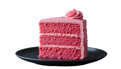 Delicious slice of pink layered cake with frosting and swirl on a dark plate