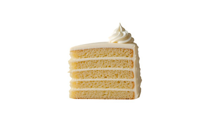 Fototapeta premium A delicious slice of vanilla cake with creamy white frosting and a swirl on top