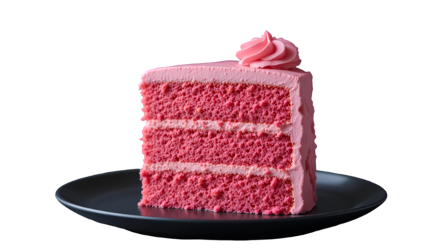 Delicious slice of pink layered cake with frosting and swirl on a dark plate
