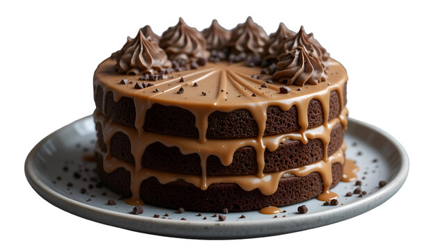 Decadent triple layer chocolate cake with caramel drizzle and chocolate chips