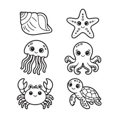 Fototapeta premium Cute cartoon black and white line art drawings of a seashell starfish jellyfish octopus crab and sea turtle on a white background