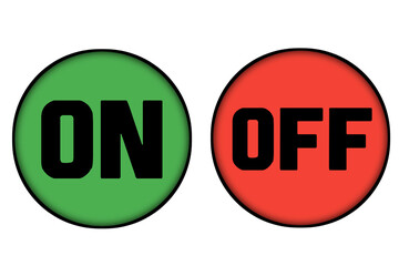 Two illuminated circular buttons one green labeled on and one red labeled off set against a transparent background