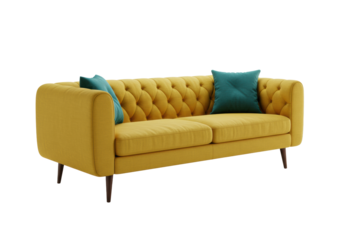 A contemporary mustard yellow tufted sofa with deep upholstery, two teal pillows, and dark wooden legs on a transparent isolated studio background with diffused lighting, clean and crisp