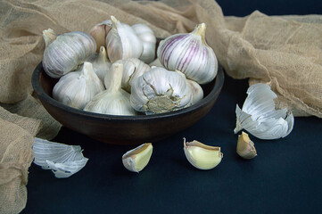 fresh garlic harvest in a clay bowl on a dark background