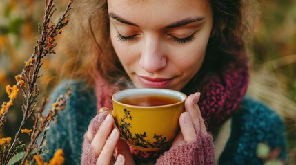 A young woman enjoying a cup of tea outdoors.
