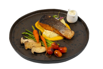 Crispy Skin Grilled Salmon with Mashed Potatoes & Pumpkin Puree