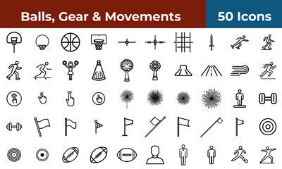 Collection of fifty black and white outline icons depicting sports equipment and human activities
