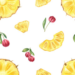 Watercolor yellow pineapple slices and red acerola berries seamless pattern isolated background. Tropical and juicy fruits ornate for healthy food packaging, summer design, kitchen decor