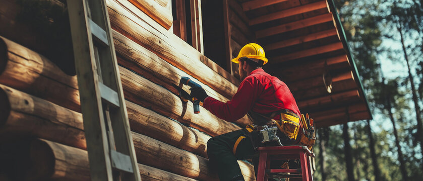 AI generator images of Log Cabin Home, Carpenter repairing log house ,man varnishing timber house wall using brush home renovation with protective paint 