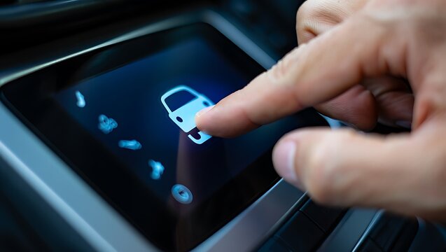 Smart Car Technology – Finger touching a car's digital dashboard screen to control vehicle functions. Modern automotive interface and connectivity concept.