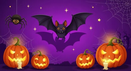 Fototapeta premium Spooky Halloween Night with Pumpkins and Bat - Halloween night scene with carved pumpkins, a bat, and spider, symbolizing autumn, spooky fun, harvest, darkness, and celebration