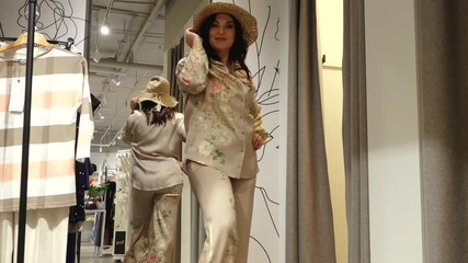 Woman posing confidently in a floral satin outfit and straw hat, standing before a mirror in a stylish boutique fitting area under warm lighting. 07.05.2025 Valmiera, Latvia - Powered by Adobe