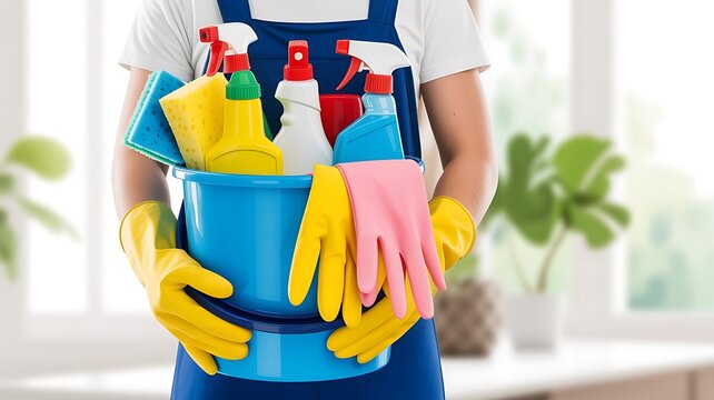Professional Cleaner Holding Bucket of Supplies Ready to Tidy Up with Spray Bottles and Cleaning Equipment