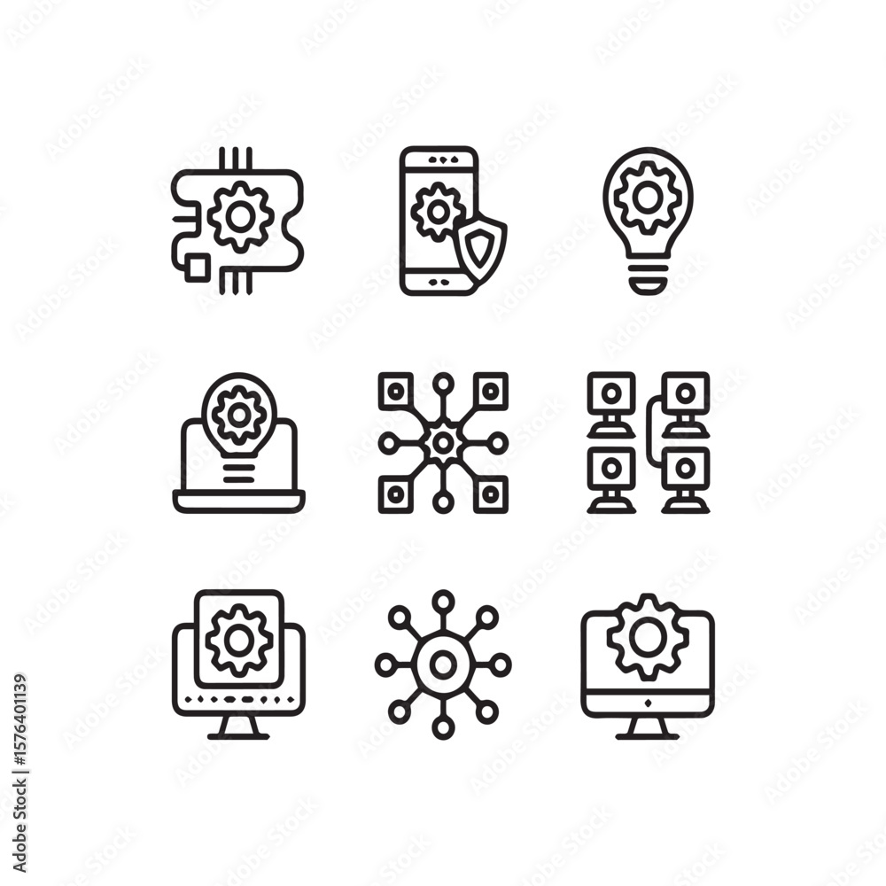 Fototapete Collection of nine distinct technology and engineering icons featuring gears networks computers and a lightbulb symbolizing innovation and development