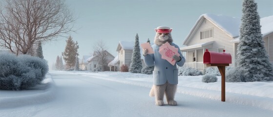 Anthropomorphic cat mailman delivering letters in snowy suburban winter scene