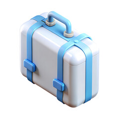 White suitcase with blue straps and handle in a studio setting isolated on a transparent background luggage