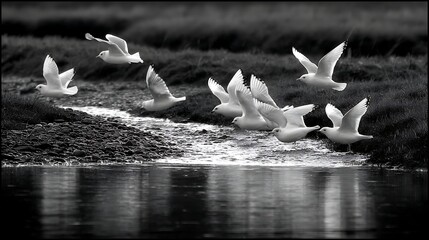 Seagulls Flying Over Water in Black and White
