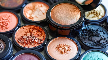 Naklejka premium Colorful makeup powders arranged in circular containers showcasing vibrant shades and textures