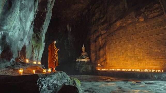 AI generator images of Buddha statue with illuminated face in cave, ancient Buddhist temple, sacred underground temple, cave with candlelit monk statue praying and amazing light effect wallpaper 
