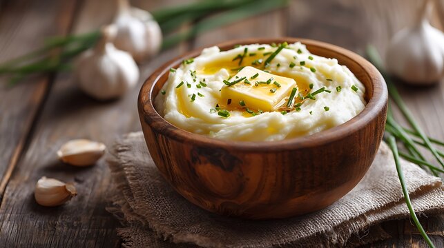 A wooden bowl of creamy mashed potatoes topped with melting butter and chives