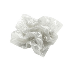 Meticulously rendered crumpled white plastic sheet with subtle metallic sheen, intricate wrinkles, folds, isolated on pristine transparent background, bright high-key studio lighting, no shadows.