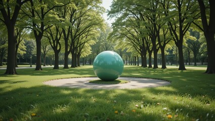 Vibrant Green Sphere Surrounded by Lush Trees in a Peaceful Park Setting with Sunlight