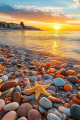 Obraz premium AI generator images of Beautiful sea sunset and sun glare on wet colorful pebbles. The sandy beach is made from colored pebbles and glass bottles that have been etched into round shapes