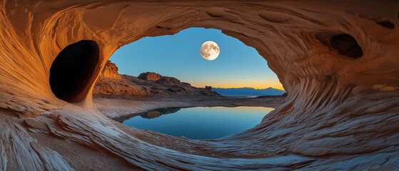 AI generator images of A view of the desert arch with natural scenery and the moon in the middle, making it look like an eye. A beautiful view of nature. 