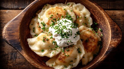 A wooden bowl of traditional Polish pierogi topped with sour cream and chives 