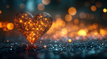 Glowing heart shape on dark glittering surface