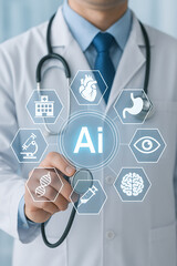 Artificial intelligence in healthcare concept doctor holding stethoscope with medical icons around ai symbol