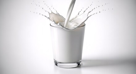 Creamy milk elegantly fills a clear glass, showcasing a refreshing splash against a clean white backdrop, representing health and nutrition for a wholesome lifestyle.
